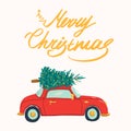 Cute xmass car with tree on top. Vector flat illustration with lettering Merry Christmas. Perfect for greeting card, poster,