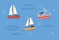 Cute yachts, boats and ships with sails floating in sea or ocean. Baby sailboats in water. Colored flat textured vector Royalty Free Stock Photo