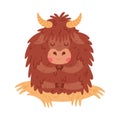 Cute Yak Character with Dense Fur and Horns Meditating Sitting on Hay Vector Illustration