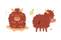 Cute Yak Character with Dense Fur and Horns Standing and Meditating Vector Set