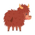 Cute Yak Character with Dense Fur and Horns in Standing Pose Back View Vector Illustration