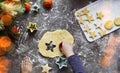 A cute 3-4 year old girl makes her own Christmas cookies. Family vacation at home during the holidays. Flour and dough Royalty Free Stock Photo