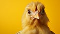 Cute yellow baby chicken looking at camera on yellow background generated by AI Royalty Free Stock Photo