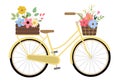 Cute yellow bicycle with flowers in wood basket and crate Royalty Free Stock Photo