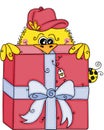 Cute yellow bird peeking up of big red gift