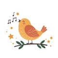 Cute Yellow Bird Singing on Branch with Stars Royalty Free Stock Photo