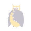 Cute yellow and blue owl hides in wings. Childish cartoon illustration isolated on white background. Neutral color palette.