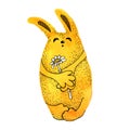 Cute yellow bunny rabbit holds a camomile flower. Hand watercolor illustration isolated on white background. For the Royalty Free Stock Photo