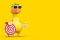 Cute Yellow Cartoon Duck Person Character Mascot with Archery Target and Dart in Center. 3d Rendering