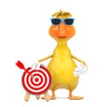 Cute Yellow Cartoon Duck Person Character Mascot with Archery Target and Dart in Center. 3d Rendering