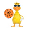 Cute Yellow Cartoon Duck Person Character Mascot with Basketball Ball. 3d Rendering Royalty Free Stock Photo