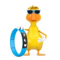 Cute Yellow Cartoon Duck Person Character Mascot with Blue Fitness Tracker. 3d Rendering