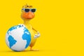 Cute Yellow Cartoon Duck Person Character Mascot with Earth Globe. 3d Rendering Royalty Free Stock Photo