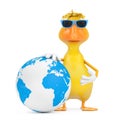 Cute Yellow Cartoon Duck Person Character Mascot with Earth Globe. 3d Rendering Royalty Free Stock Photo