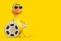 Cute Yellow Cartoon Duck Person Character Mascot with Film Reel Cinema Tape. 3d Rendering