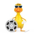 Cute Yellow Cartoon Duck Person Character Mascot with Film Reel Cinema Tape. 3d Rendering