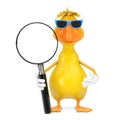 Cute Yellow Cartoon Duck Person Character Mascot with Magnifying Glass. 3d Rendering Royalty Free Stock Photo