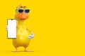 Cute Yellow Cartoon Duck Person Character Mascot and Modern Mobile Phone with Blank Screen for Your Design. 3d Rendering