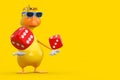 Cute Yellow Cartoon Duck Person Character Mascot with Red Game Dice Cubes in Flight. 3d Rendering