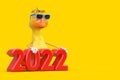 Cute Yellow Cartoon Duck Person Character Mascot with Red 2022 New Year Sign. 3d Rendering