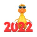 Cute Yellow Cartoon Duck Person Character Mascot with Red 2022 New Year Sign. 3d Rendering
