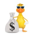 Cute Yellow Cartoon Duck Person Character Mascot with Tied Rustic Canvas Linen Money Sack or Money Bag with Dollar Sign. 3d