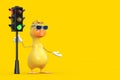 Cute Yellow Cartoon Duck Person Character Mascot with Traffic Green Light. 3d Rendering