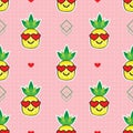 Cute yellow cartoon pineapples emoji with red heart sunglasses on retro pink dotted background pattern