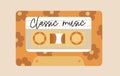 Cute yellow cassette with classic music. Vector illustration of y2k, 1990s, 1980s graphic design for sticker, poster