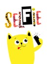 Cute yellow cat makes selfie. Funny flat illustration perfect for print t-shirt. Vector eps 10 Royalty Free Stock Photo