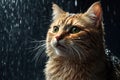 Cute yellow cat in rain shower all wet and annoyed Royalty Free Stock Photo