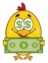 Cute Yellow Chick Cartoon Character With Dollar Symbol Eyes, Holding Cash Money