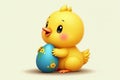 Cute Yellow Chick Holding a Decorated Easter Egg on a Light Background Royalty Free Stock Photo