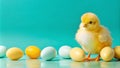 A cute yellow chick stands in front of a row of pastel Easter eggs on a turquoise background Royalty Free Stock Photo