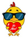 Cute Yellow Chick With Sunglasses Cartoon Character Holding A Be Mine Valentine Love Heart