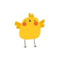 Cute yellow chicken. Newborn little funny chick. Elements for Easter designs. Cartoon vector illustration.