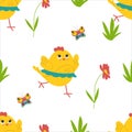 Cute Yellow Chicks In Different Poses Seamless Pattern, Birds And Flowers, Butterflies. Vector Illustration