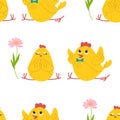 Cute Yellow Chicks In Different Poses Seamless Pattern, Birds And Flowers, Butterflies. Vector Illustration
