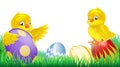 Cute yellow chicks and Easter eggs