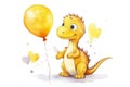Cute Yellow Dinosaur with Balloon Isolated on White Watercolor Illustration