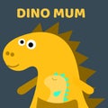 Cute dino mum with a little dinosaur. Dino girl color flat hand drawn vector character. Cute yellow dinosaur. lettering Royalty Free Stock Photo