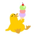 Cute yellow duck eat ice cream happily illustration