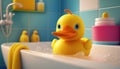 Cute yellow duck toy in bath bright colors