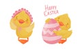 Cute Yellow Duckling with Decorated Egg Congratulating with Happy Easter Holiday Vector Set