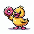 Cute Yellow Duckling Holding Pink Donut Royalty Free Stock Photo