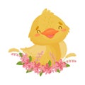 Cute yellow duckling sits in flowers. Vector illustration on white background.