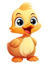 A cute yellow duckling with a smile, blue eyes and a hair flick