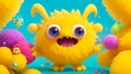 Cute yellow furry monster 3D cartoon character in a fantasy background