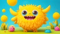 Cute yellow furry monster 3D cartoon character in a fantasy background