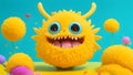 Cute yellow furry monster 3D cartoon character in a fantasy background